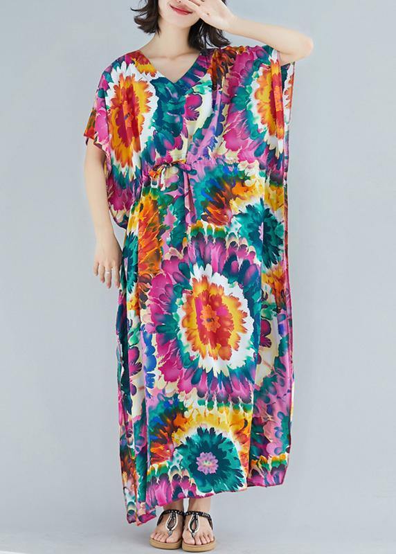 Women v neck tie waist cotton Fashion Ideas purple print Dress summer - SooLinen