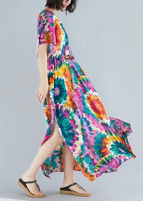 Women v neck tie waist cotton Fashion Ideas purple print Dress summer - SooLinen