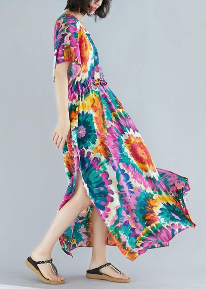 Women v neck tie waist cotton Fashion Ideas purple print Dress summer - SooLinen