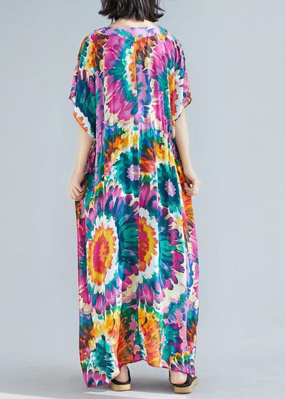 Women v neck tie waist cotton Fashion Ideas purple print Dress summer - SooLinen