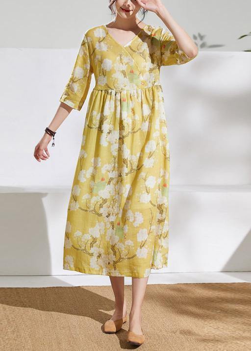 Women v neck tie waist linen summer dresses Outfits yellow print Dresses - SooLinen