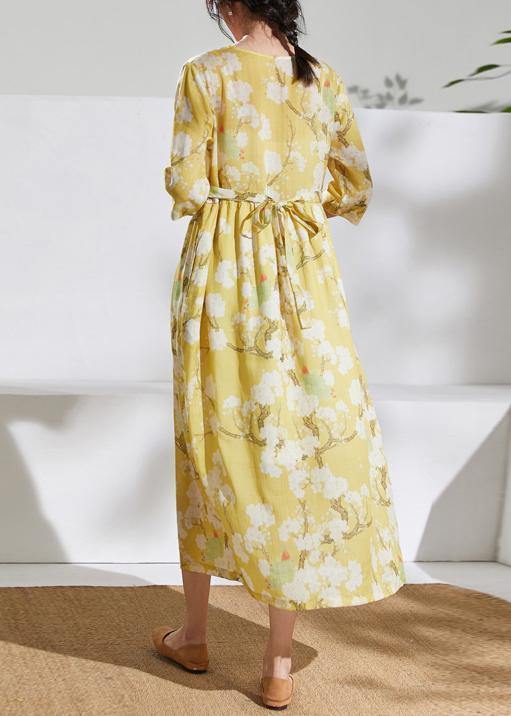 Women v neck tie waist linen summer dresses Outfits yellow print Dresses - SooLinen
