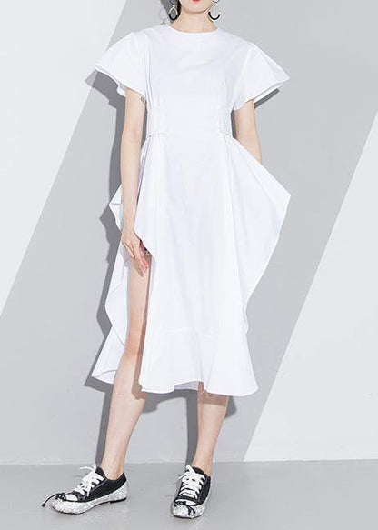 Women white Cotton tunic pattern short sleeve loose asymmetric sundress Dress - SooLinen
