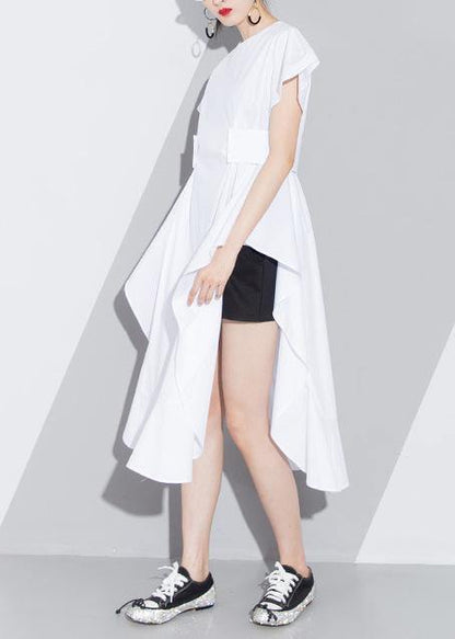 Women white Cotton tunic pattern short sleeve loose asymmetric sundress Dress - SooLinen