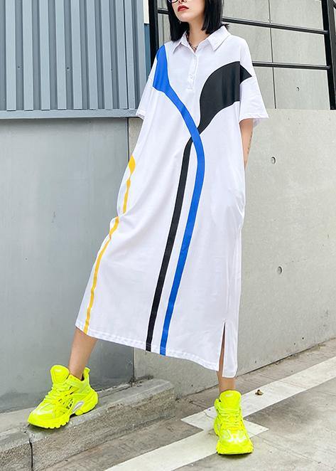 Women white cotton quilting clothes lapel patchwork A Line summer Dresses - SooLinen