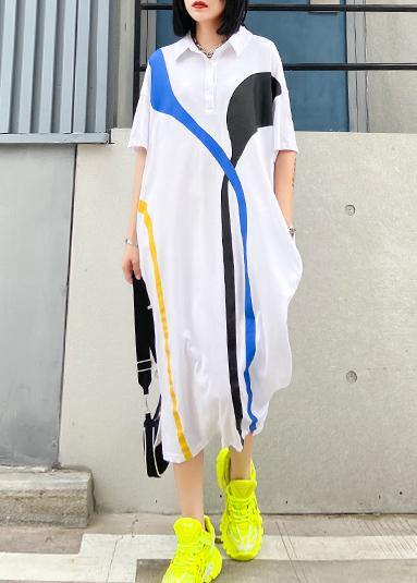 Women white cotton quilting clothes lapel patchwork A Line summer Dresses - SooLinen