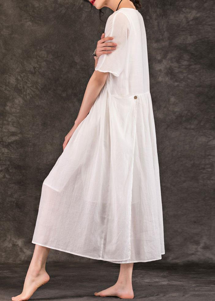 Women white linen Long Shirts o neck pockets patchwork Maxi summer Dress - SooLinen