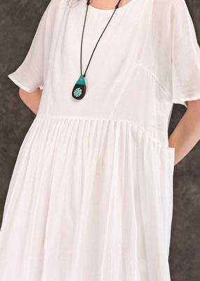 Women white linen Long Shirts o neck pockets patchwork Maxi summer Dress - SooLinen