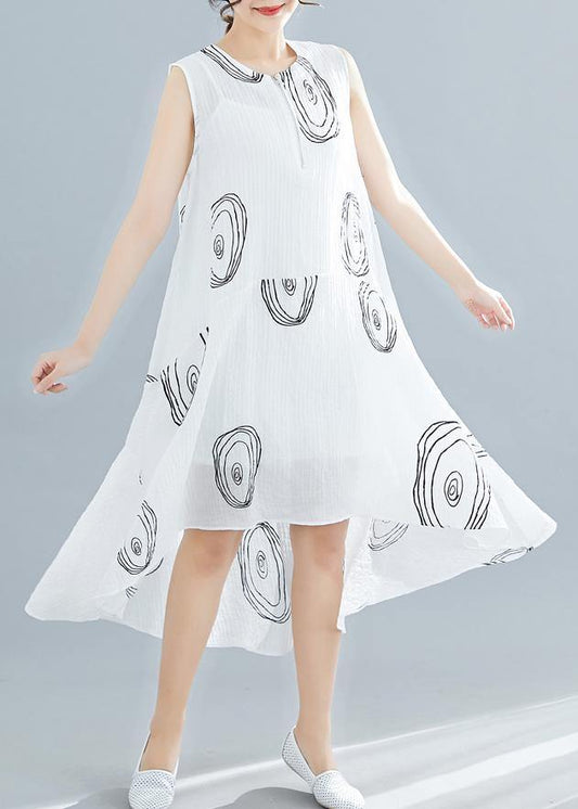 Women white print linen cotton clothes For Women sleeveless low high design shift summer Dress - SooLinen