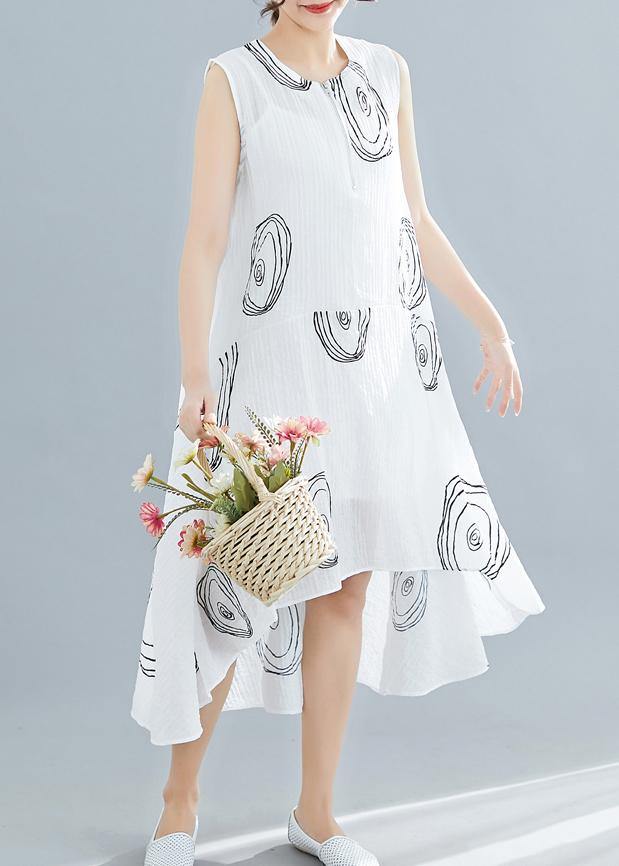 Women white print linen cotton clothes For Women sleeveless low high design shift summer Dress - SooLinen
