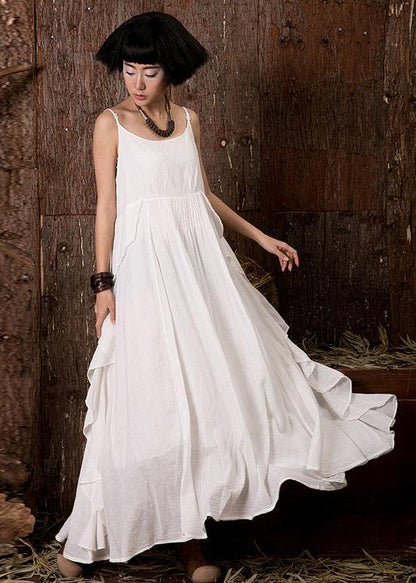 Women white sleeveless linen clothes ruffles side Art summer Dress - SooLinen