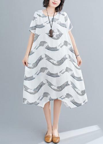 Women white striped linen clothes For Women o neck patchwork short summer Dresses - SooLinen