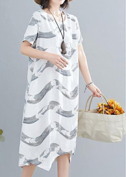 Women white striped linen clothes For Women o neck patchwork short summer Dresses - SooLinen