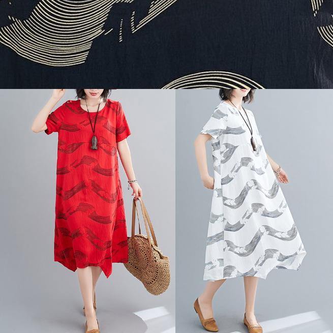 Women white striped linen clothes For Women o neck patchwork short summer Dresses - SooLinen