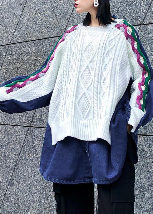 Women white top o neck patchwork oversized shirts - SooLinen