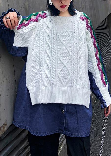 Women white top o neck patchwork oversized shirts - SooLinen