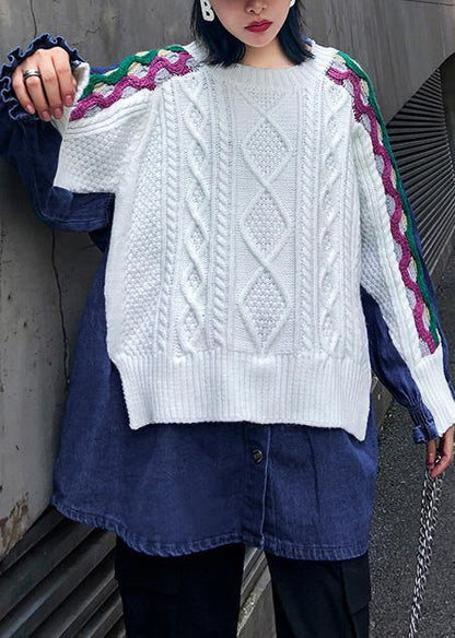 Women white top o neck patchwork oversized shirts - SooLinen