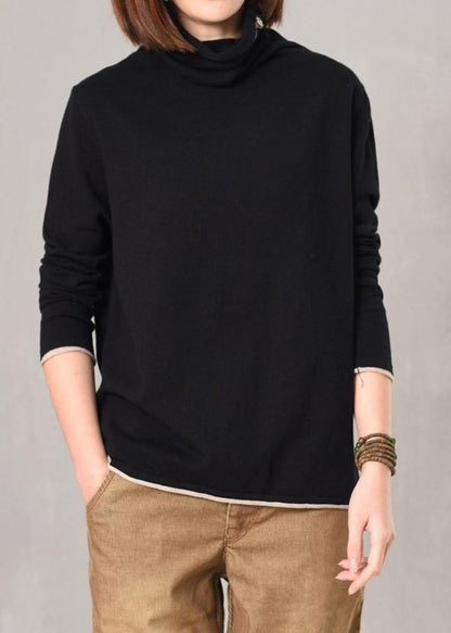 Women wild  knitted pullover Loose fitting black sweaters high neck - SooLinen