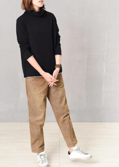 Women wild  knitted pullover Loose fitting black sweaters high neck - SooLinen