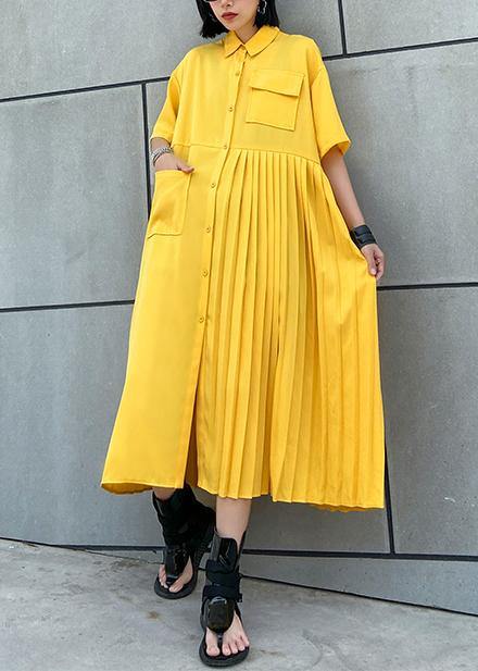 Women yellow cotton clothes Women lapel Cinched Kaftan summer Dress - SooLinen