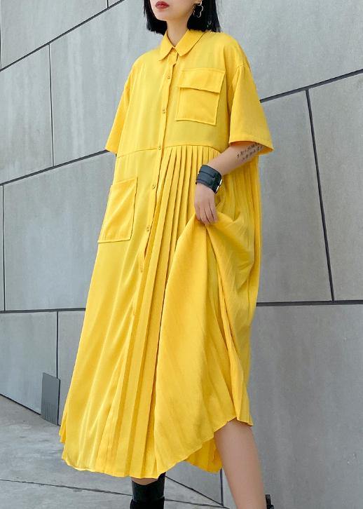 Women yellow cotton clothes Women lapel Cinched Kaftan summer Dress - SooLinen