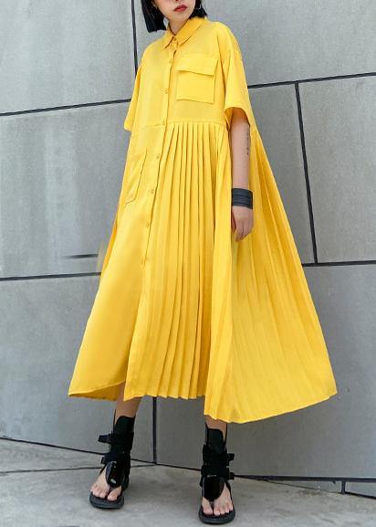 Women yellow cotton clothes Women lapel Cinched Kaftan summer Dress - SooLinen