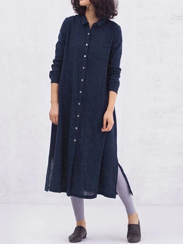 Women yellow cotton clothes lapel Button loose spring Dresses - SooLinen