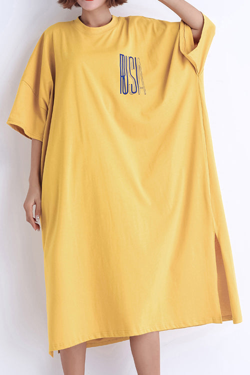 Women yellow cotton dress plus size Fabrics o neck side open Art Summer Dresses