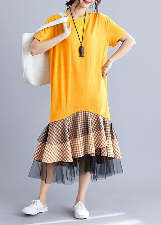 Women yellow cotton tunic dress patchwork plaid A Line summer Dresses - SooLinen