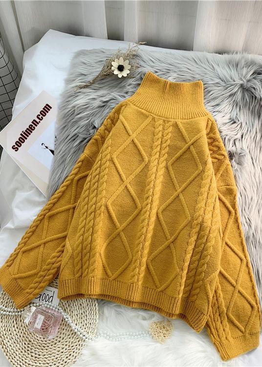Women yellow crane tops high neck thick fall fashion knitwear - SooLinen