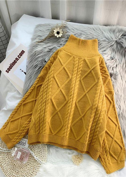 Women yellow crane tops high neck thick fall fashion knitwear - SooLinen