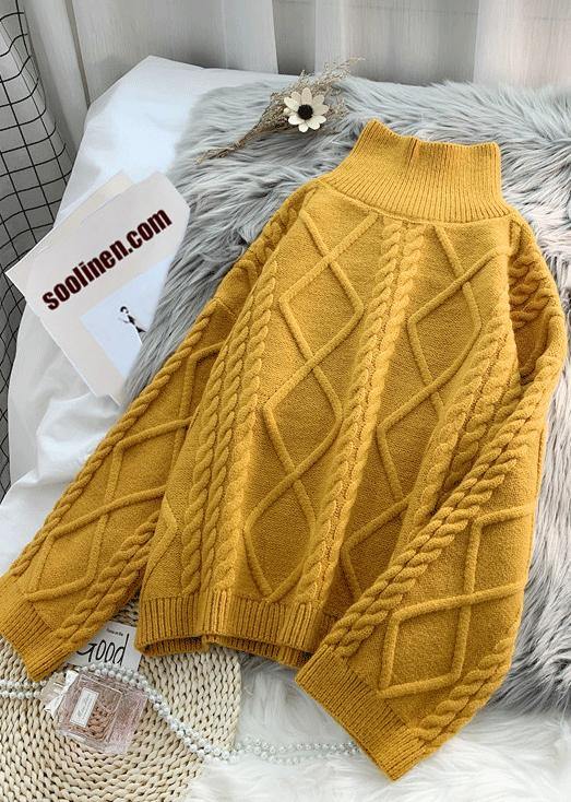 Women yellow crane tops high neck thick fall fashion knitwear - SooLinen
