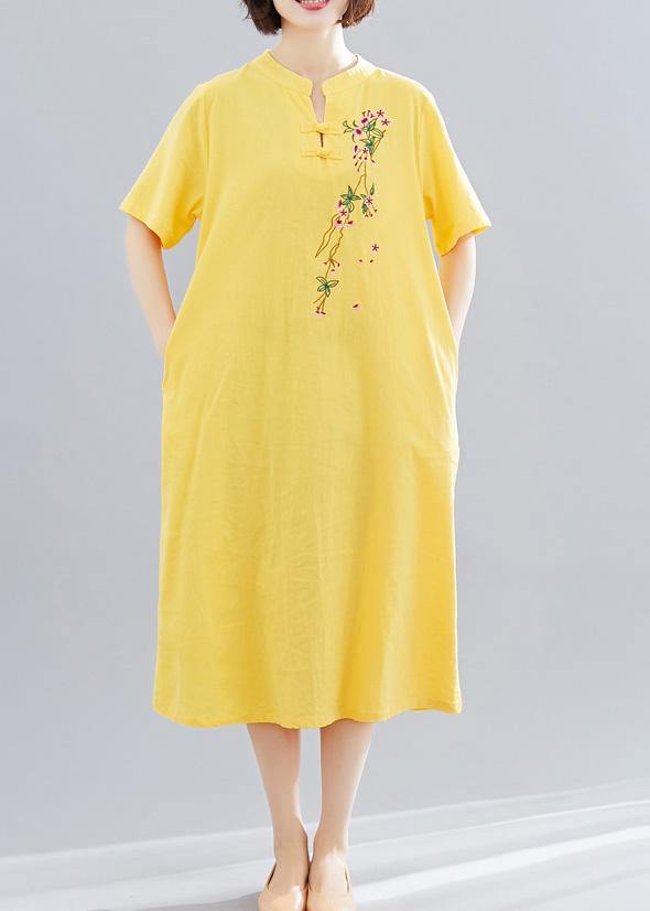 Women yellow embroidery cotton clothes short Maxi summer Dress - SooLinen
