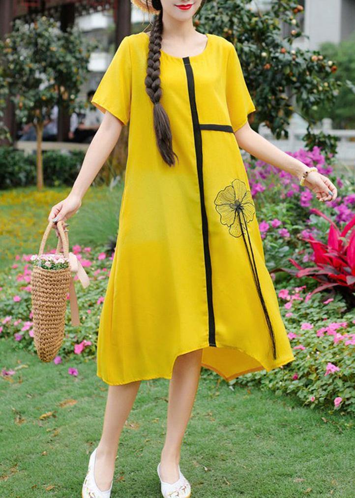 Women yellow embroidery linen cotton o neck baggy summer Dresses - SooLinen
