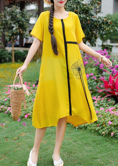 Women yellow embroidery linen cotton o neck baggy summer Dresses - SooLinen