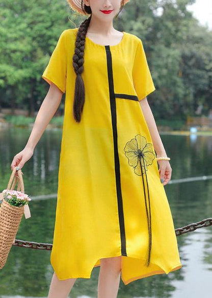 Women yellow embroidery linen cotton o neck baggy summer Dresses - SooLinen