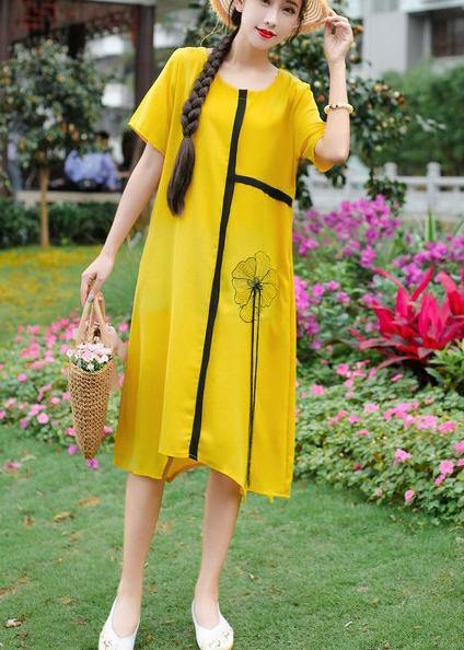 Women yellow embroidery linen cotton o neck baggy summer Dresses - SooLinen