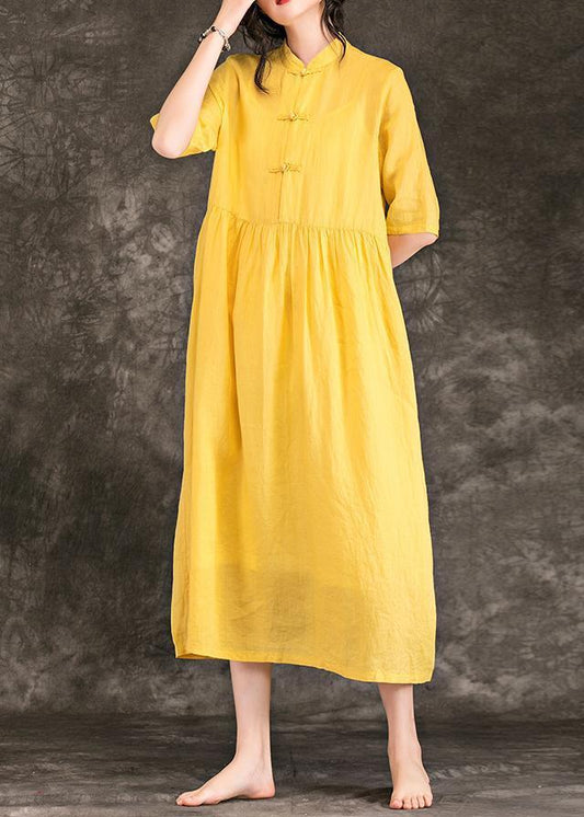 Women yellow linen clothes plus size Outfits stand collar Half sleeve long Summer Dresses