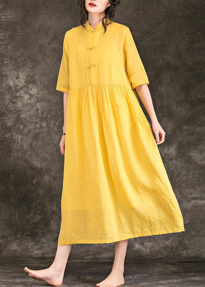 Women yellow linen clothes plus size Outfits stand collar Half sleeve long Summer Dresses
