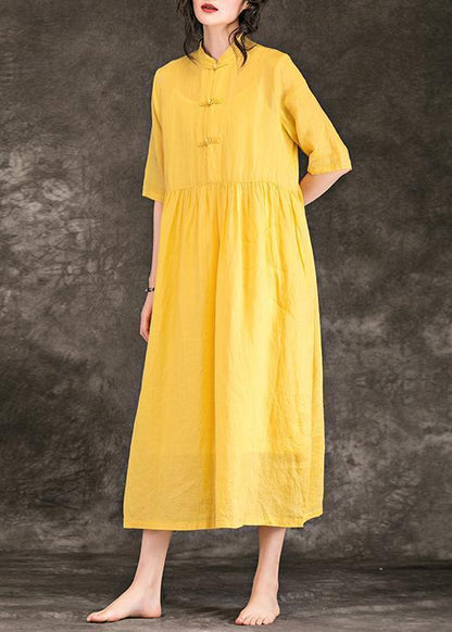 Women yellow linen clothes plus size Outfits stand collar Half sleeve long Summer Dresses