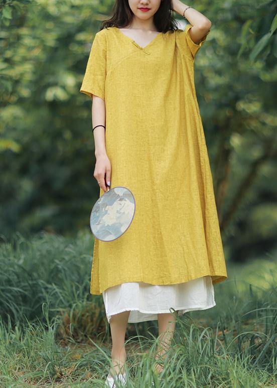 Women yellow linen cotton Robes v neck side open Art summer Dress - SooLinen