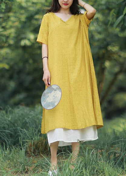 Women yellow linen cotton Robes v neck side open Art summer Dress - SooLinen