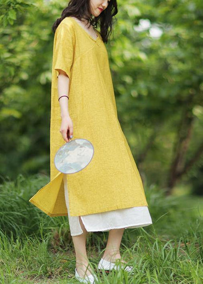 Women yellow linen cotton Robes v neck side open Art summer Dress - SooLinen