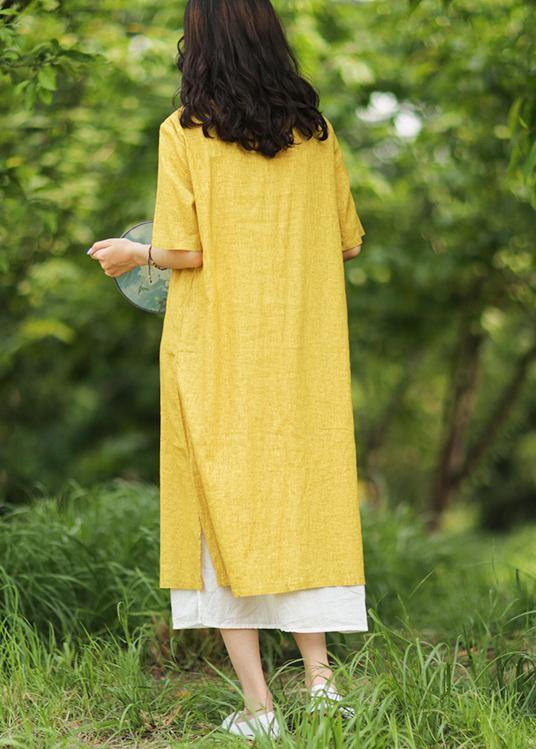 Women yellow linen cotton Robes v neck side open Art summer Dress - SooLinen