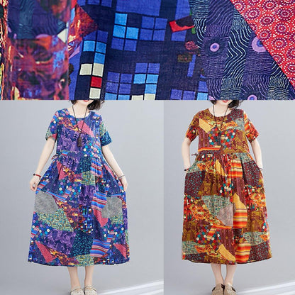 Women yellow print Long Shirts o neck Cinched A Line Dress - SooLinen