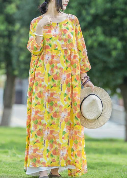 Women yellow print linen dresses o neck asymmetric Traveling summer Dresses - SooLinen