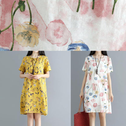 Women yellow prints Cotton clothes loose waist daily summer Dress - SooLinen