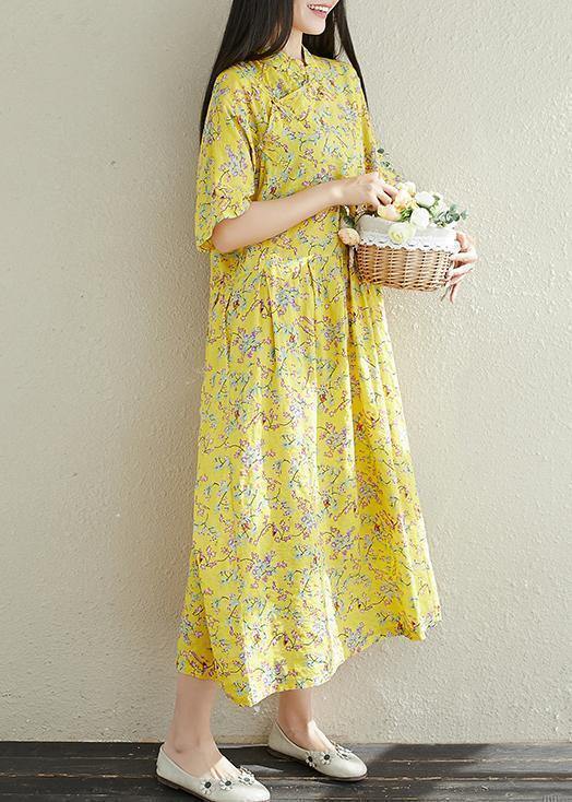 Women yellow prints cotton clothes For Women stand collar A Line summer Dresses - SooLinen