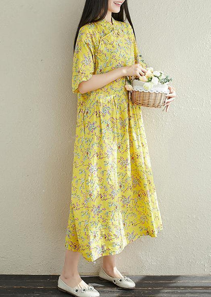 Women yellow prints cotton clothes For Women stand collar A Line summer Dresses - SooLinen