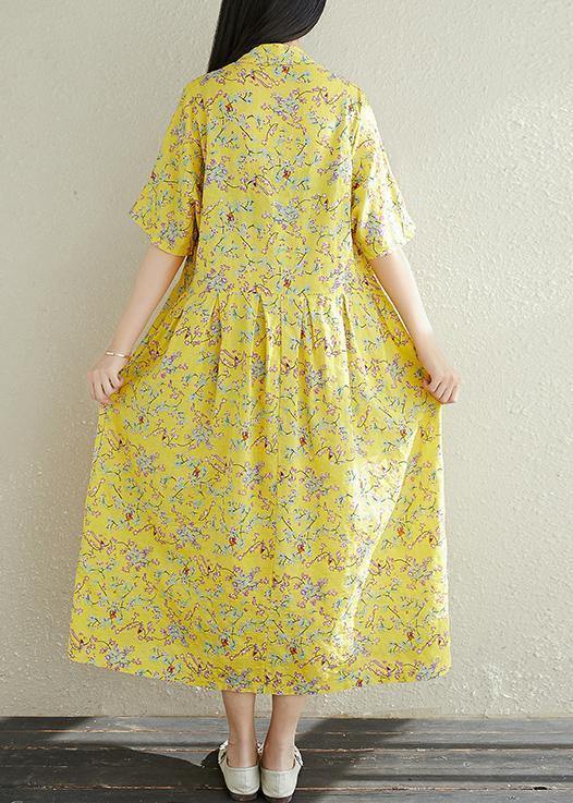 Women yellow prints cotton clothes For Women stand collar A Line summer Dresses - SooLinen